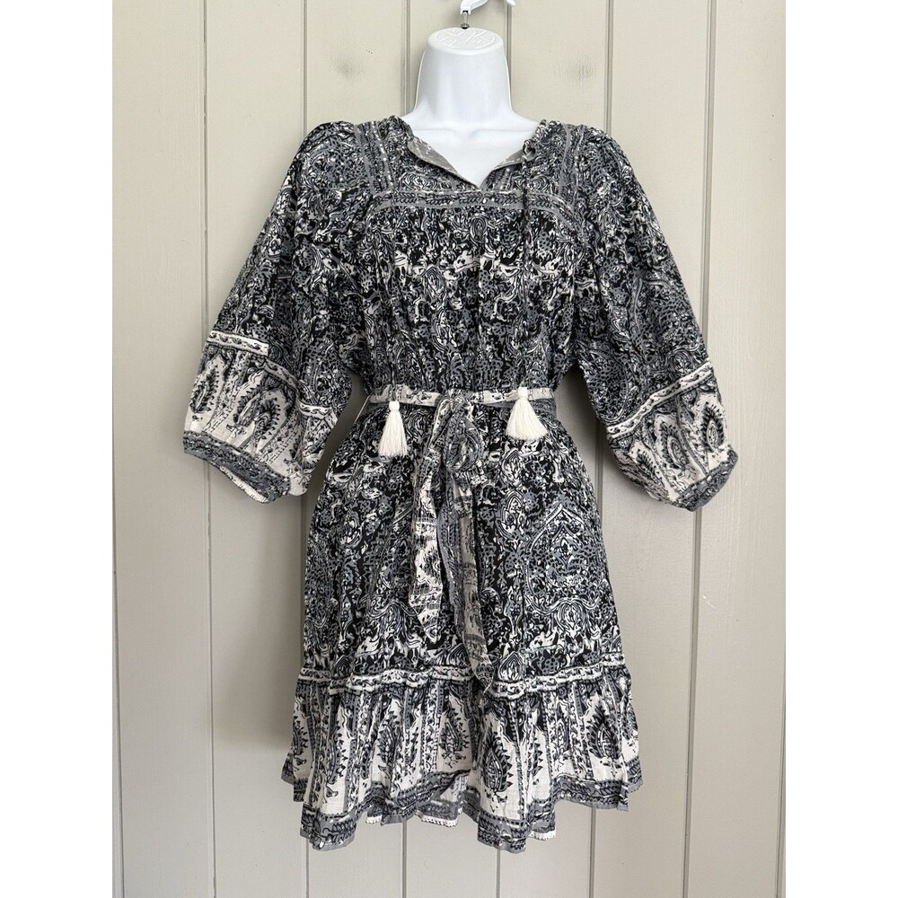 Cleobella Magdalena Mini Dress S Small Puff Sleeve Boho Hippie Prairie Blue Gray